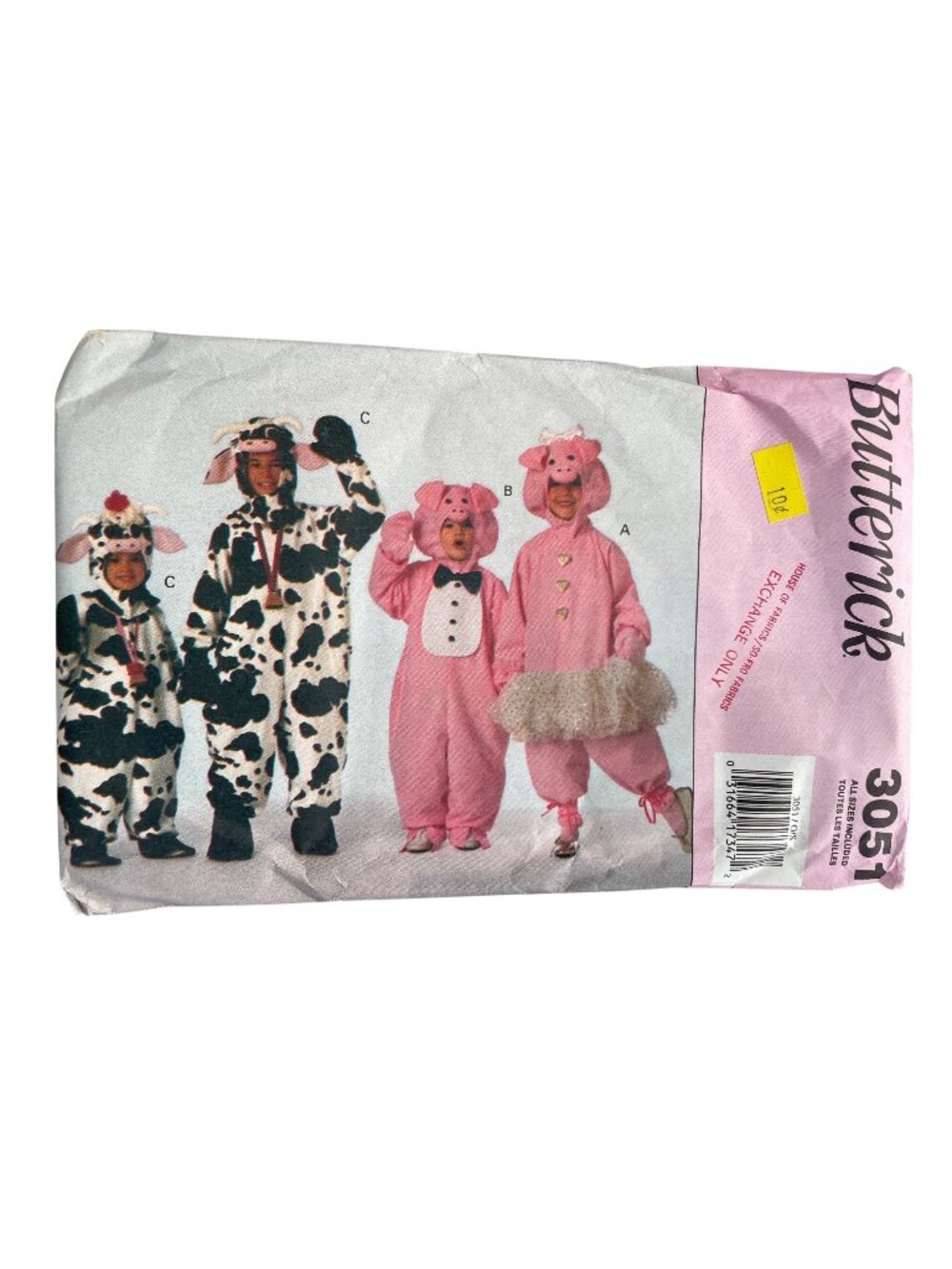 Vintage 90s Butterick 3051 Sewing Pattern XS-Large Cow Pig Costumes Retro CUT